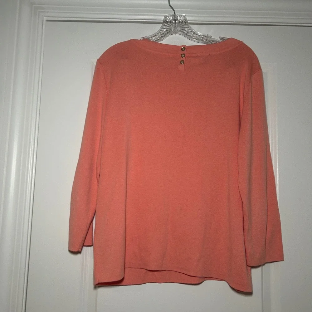 Talbots Womens XL Coral Pink Boat Neck 3/4 Sleeve Button Back Knit Sweater Top